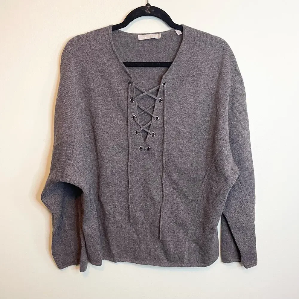 Vince Wool Cashmere Sweater M Gray Dolman Sleeve Lace Up Preppy Cozy Warm Soft